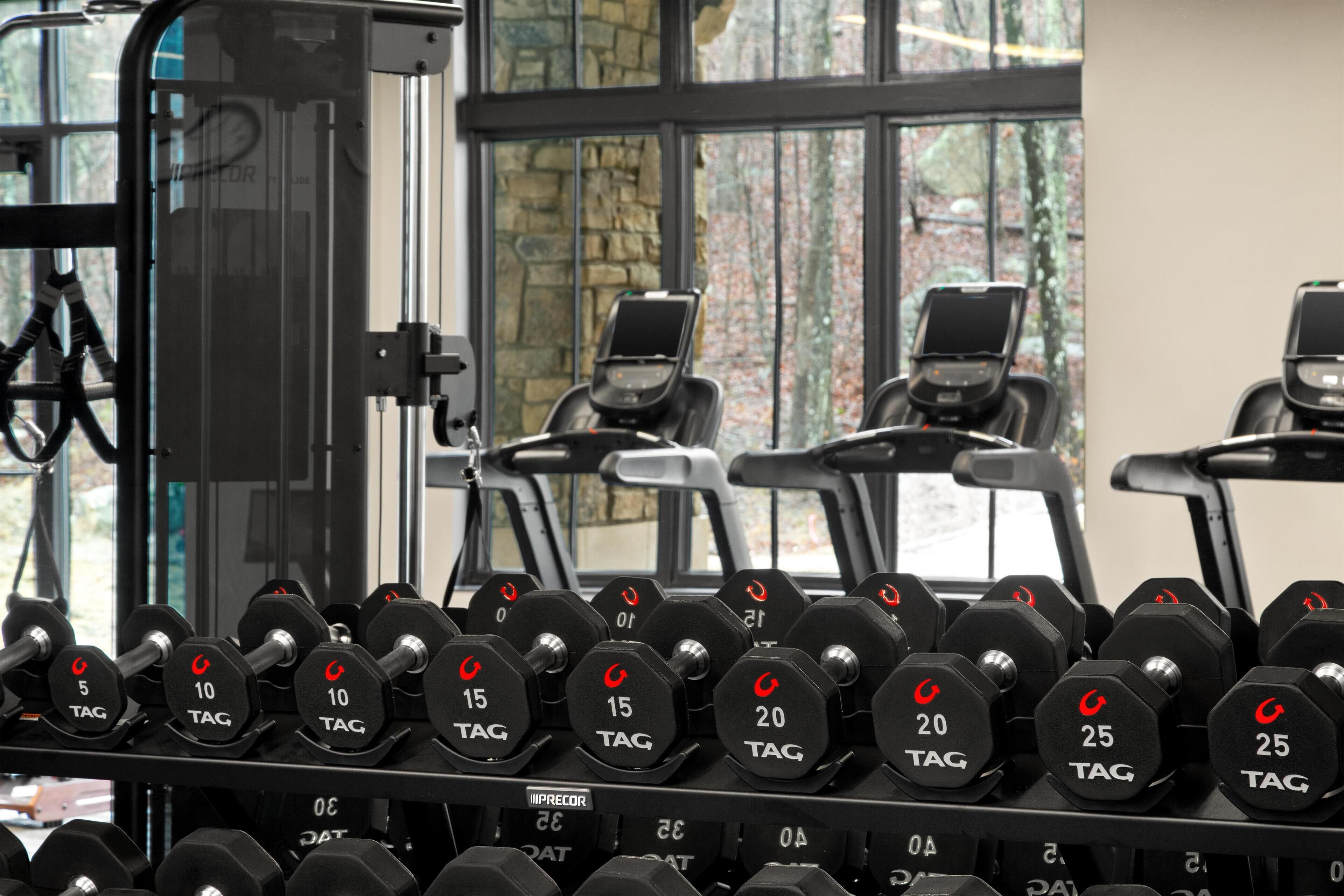 Un gimnasio con equipo de levantamiento de pesas, incluyendo mancuernas y cintas de correr.