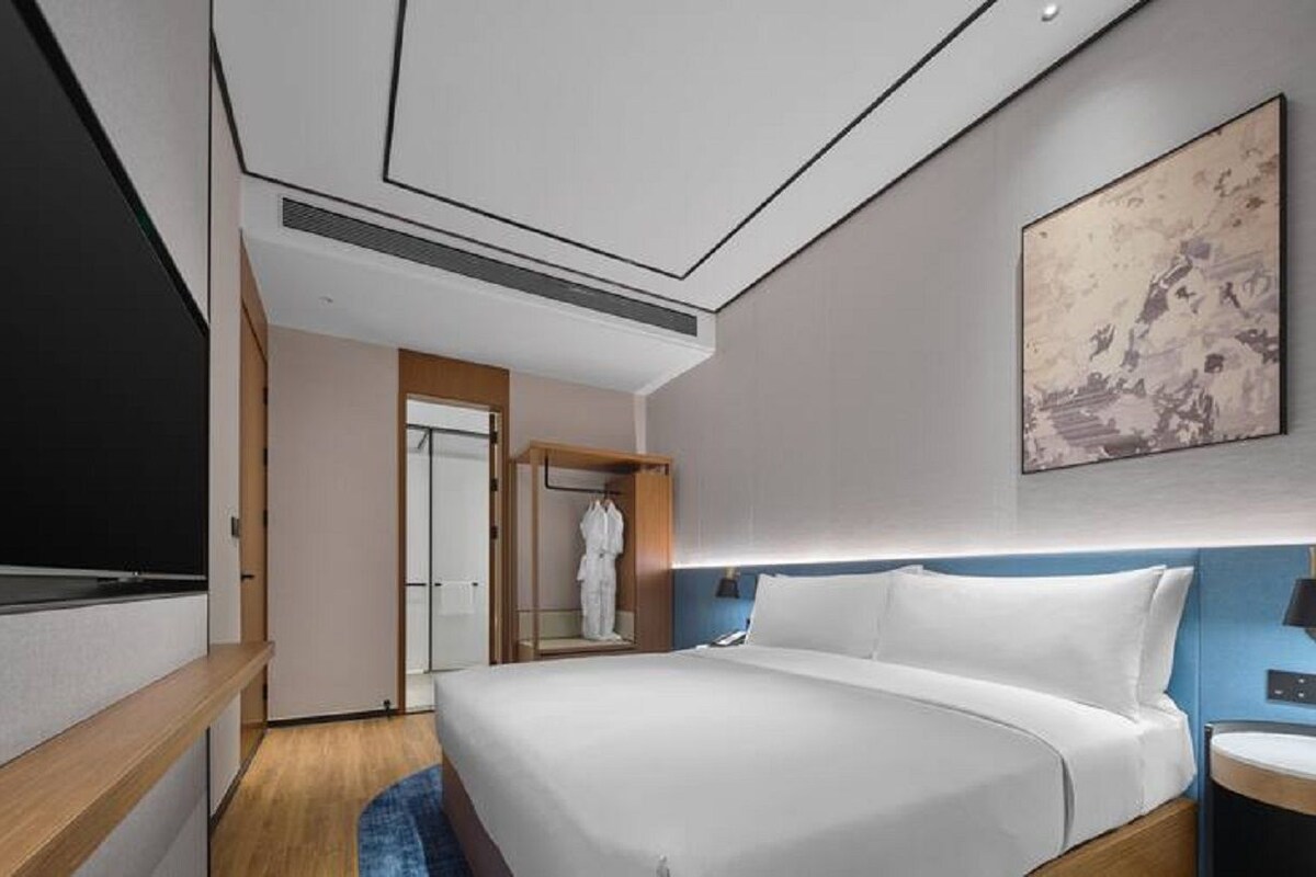 Una habitación de hotel moderna con una cama grande, un televisor de pantalla plana, un armario y un cuadro en la pared.