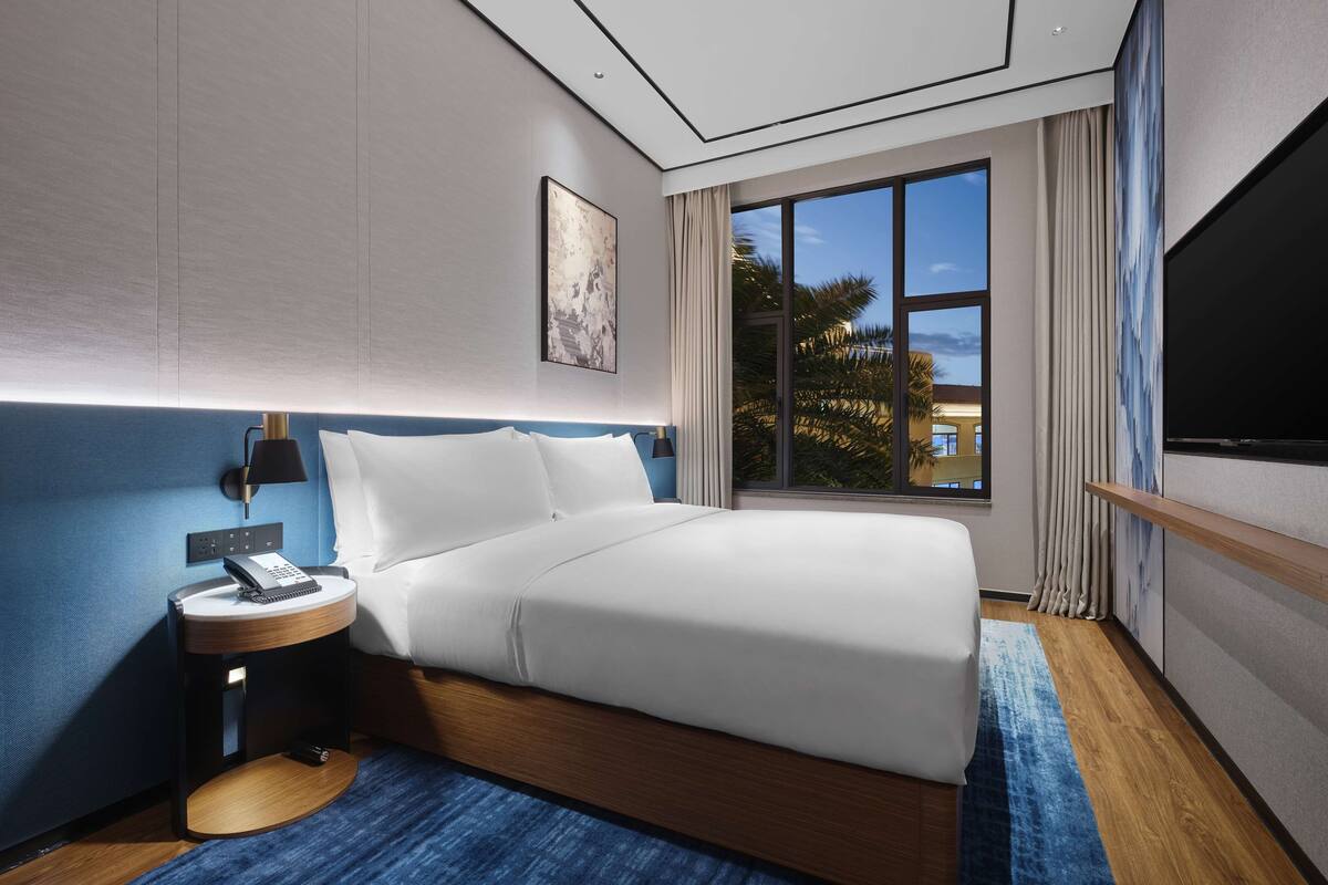 Una habitación de hotel moderna con una cama grande, una mesita de noche con teléfono, un televisor montado en la pared y una ventana con vista a palmeras.