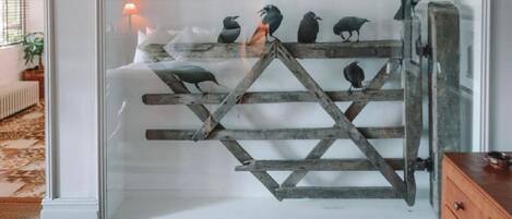 Een kamer met een groot raam, ingelijste foto’s aan de muur en een houten constructie met vogels.