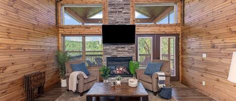 Älytelevisio, takka, kirjoja, työhuone