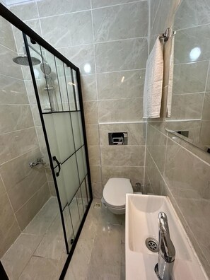 Ein modernes Badezimmer mit einer gläsernen Duschkabine, einer Toilette und einem Waschbecken mit Armatur.