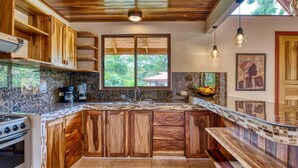 A kitchen with wooden cabinets, a granite countertop, a built-in stove, and a large window with a view of greenery.