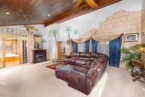 Smart TV, fireplace, video games, DVD player