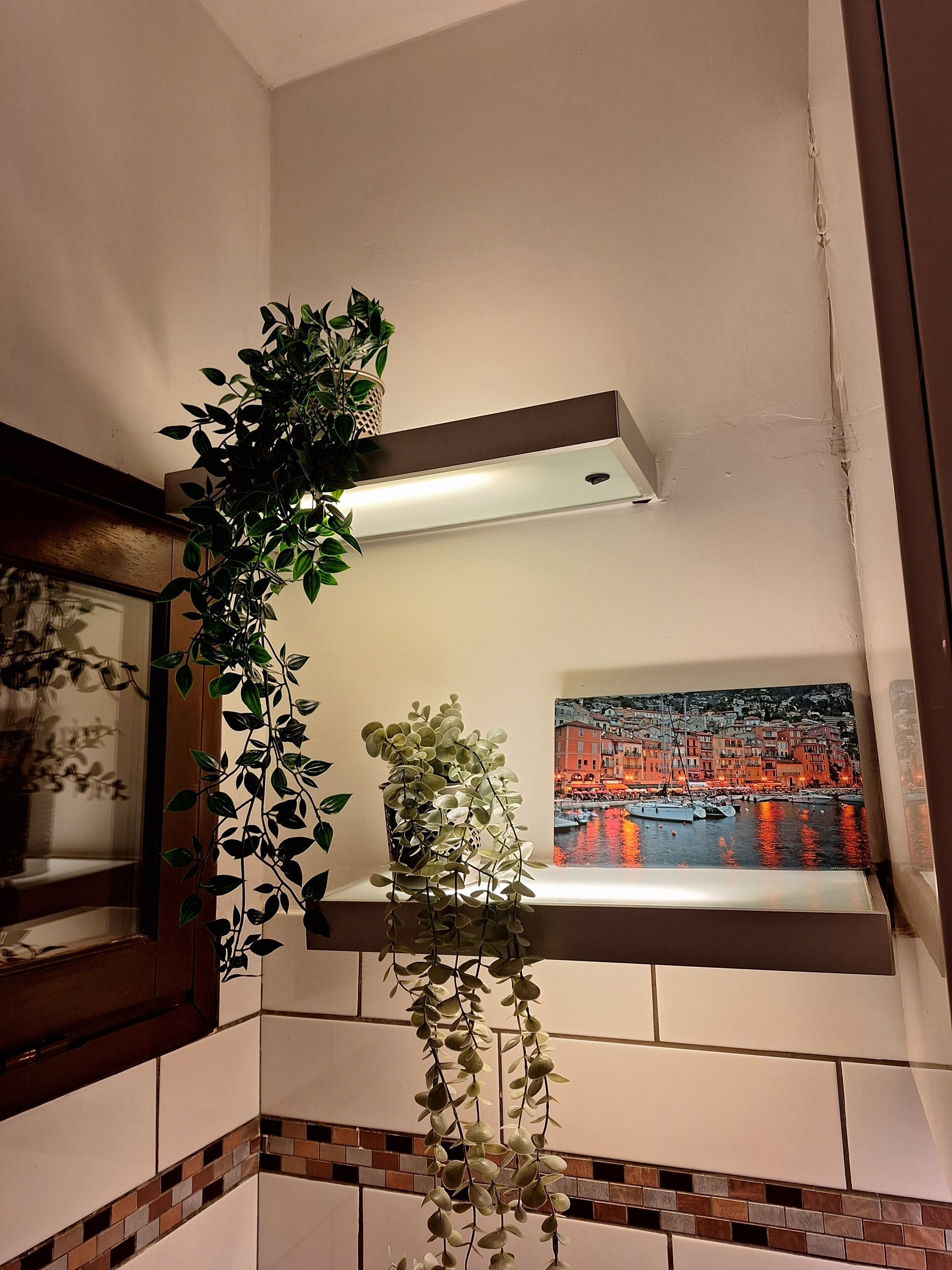Ein Badezimmer mit einer gefliesten Spritzschutzwand, einer hängenden Pflanze, einem Deckenlüfter und einem Bilderrahmen mit einem Gemälde einer Küstenstadt.