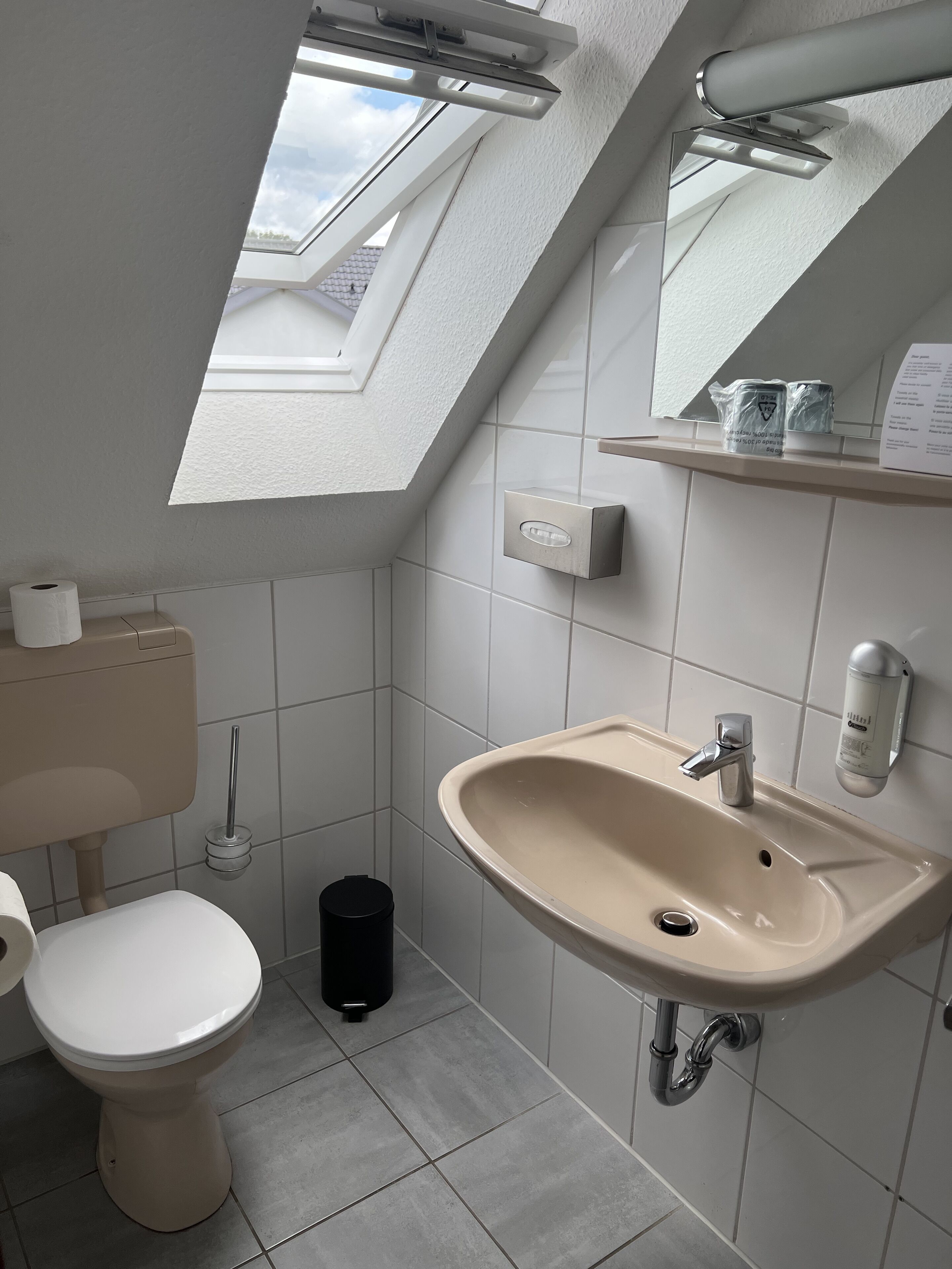 A modern bathroom with a skylight, toilet, sink, and a small shelf with toiletries.
