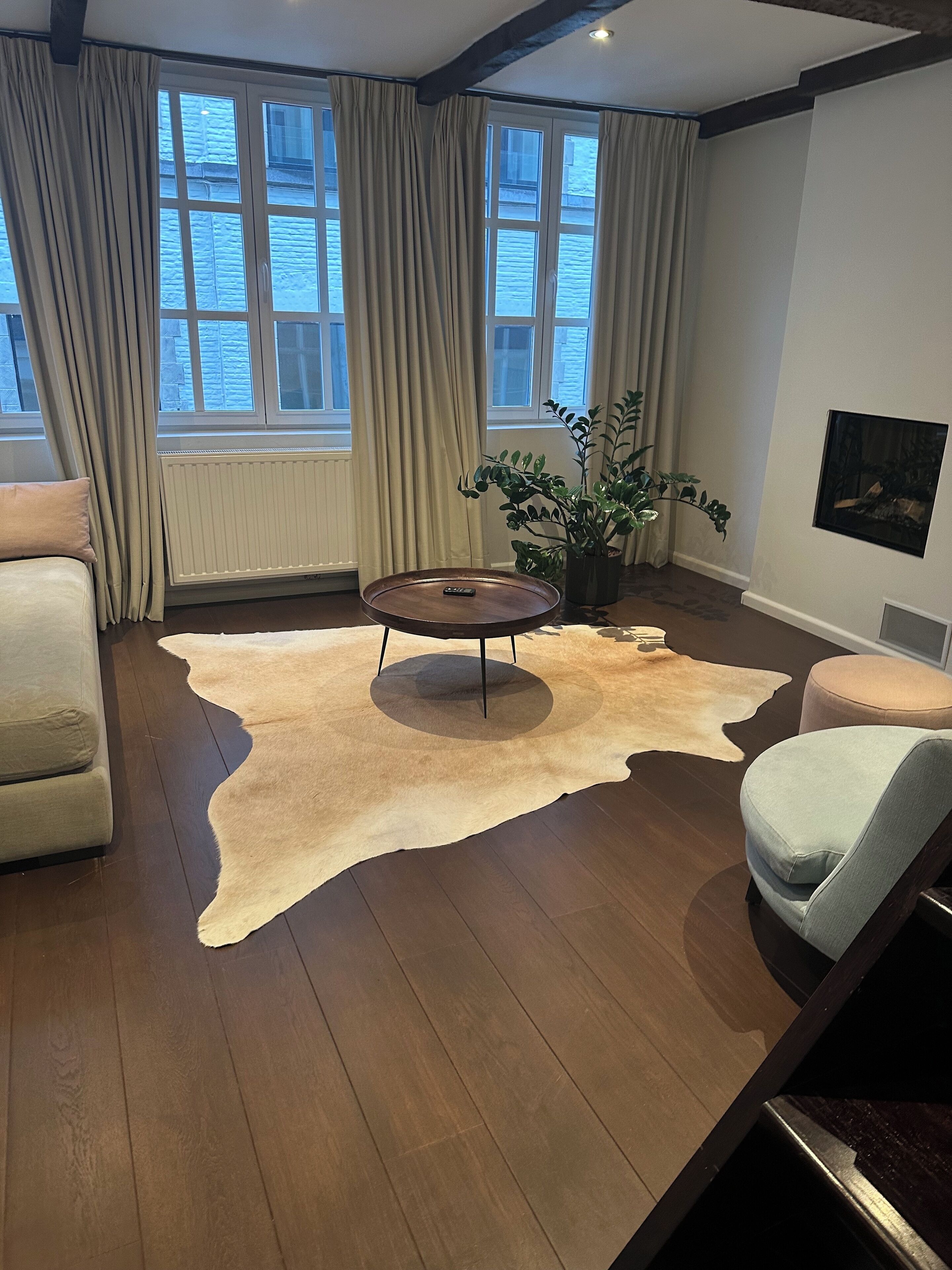 Un salon moderne avec une grande fenêtre, une table basse ronde, un canapé et un tapis.