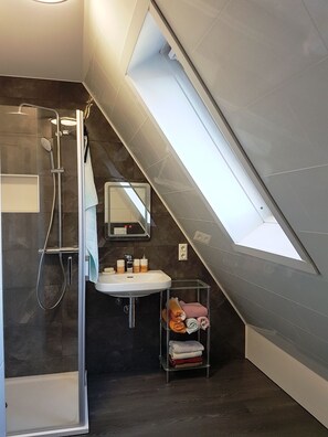 Shower, hair dryer, towels, soap