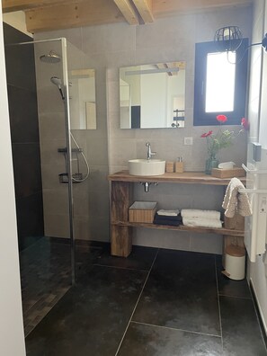 Shower, hair dryer, towels, toilet paper