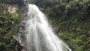 Una pareja abrazándose frente a una cascada imponente.