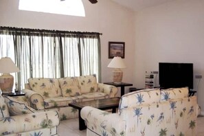 Una Smart TV, un reproductor de DVD, libros, una biblioteca de música