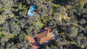 Vue aérienne d’une propriété dotée d’une piscine, d’une grande maison avec un toit en tuiles et d’une végétation luxuriante environnante.