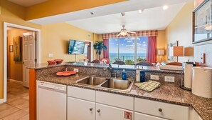 A kitchen with granite countertops, a built-in dishwasher, and a large window overlooking the ocean.