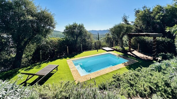 Una piscina rectangular rodeada de césped cuidado, con un muelle de madera y una pérgola.