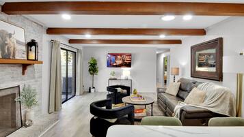 Smart TV, chimenea, libros