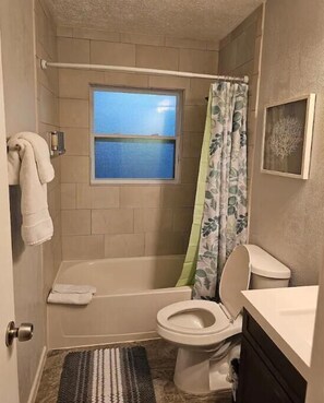 Hair dryer, towels, soap, shampoo
