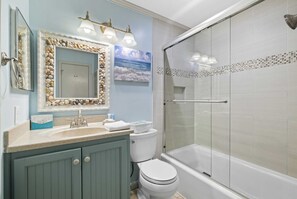 Hair dryer, towels, soap, shampoo