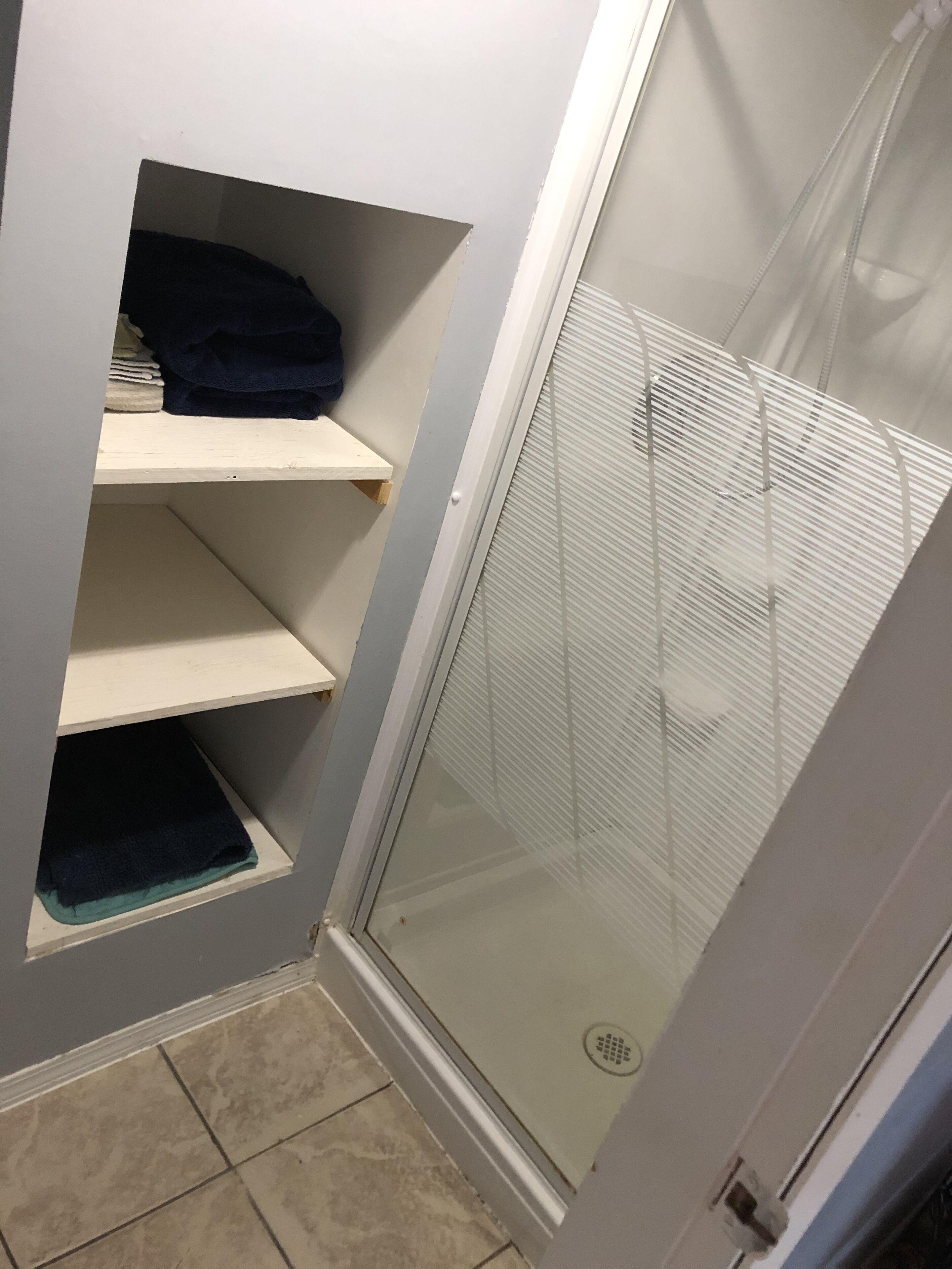 Une salle de bain avec une cabine de douche, un porte-serviettes et des toilettes.