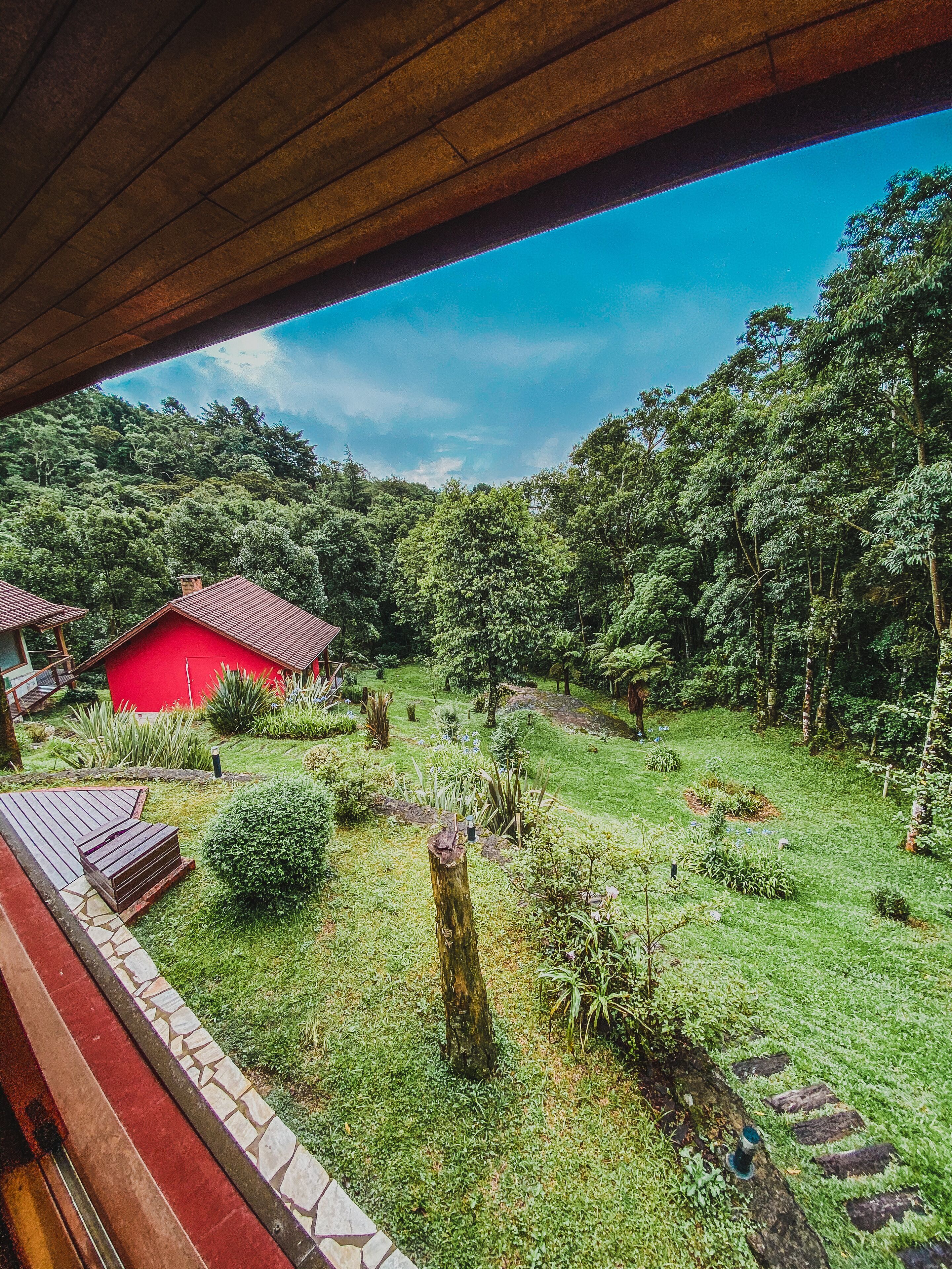 A view from a covered area overlooking a lush garden with a red building, stone steps, and a variety of plants.