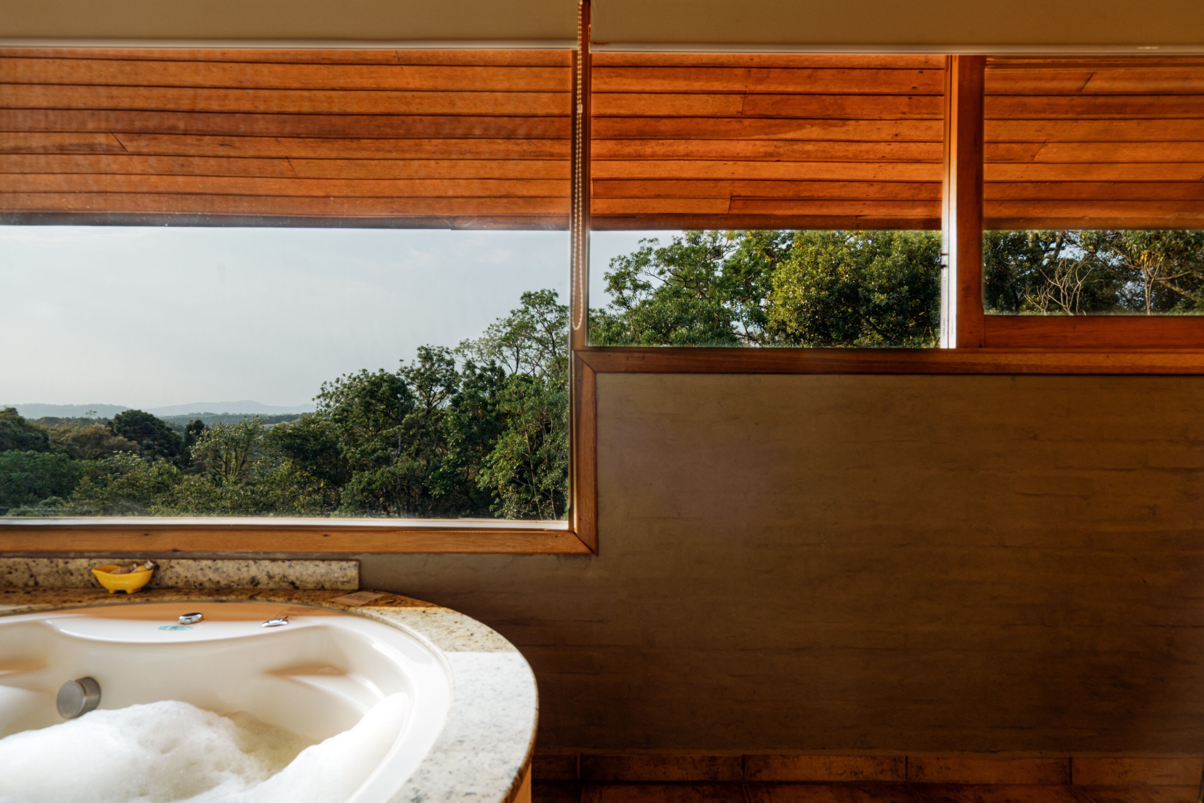 Une salle de bain avec une grande fenêtre, une baignoire et un lambris en bois.