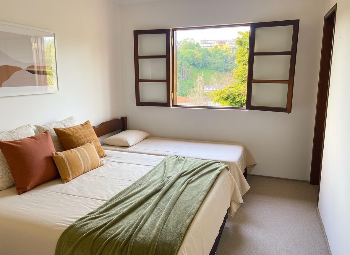 Quarto triplo família | Roupas de cama antialérgicas, Wi-Fi de cortesia