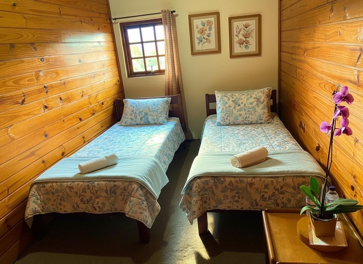 A room with two beds, wooden walls, a window with curtains, and a small table with a plant.