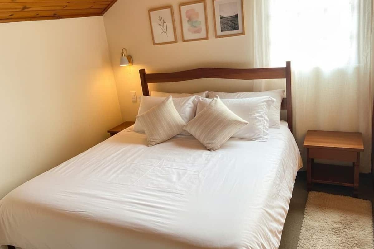 Una cama bien tendida con sábanas y almohadas blancas, un cabecero de madera, una mesita de noche y una lámpara fijada a la pared.