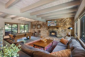 House, Multiple Beds, Patio, Mountain View (Serenity on Statford) | Living area | 50-inch flat-screen TV with digital channels, fireplace - Serenity on Statford Close to Northstar! (Tahoe Vista)