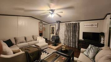 Smart TV, fireplace, video games, DVD player