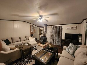 Smart TV, fireplace, video games, DVD player