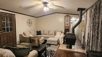 Smart TV, fireplace, video games, DVD player