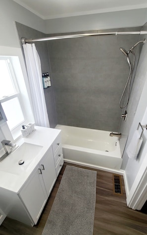 Hair dryer, towels, soap, shampoo
