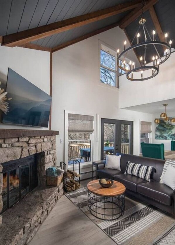 Smart TV, fireplace, video games, DVD player