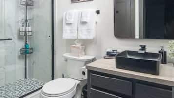 Shower, hair dryer, shampoo