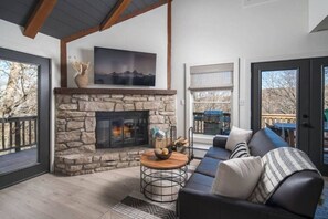 TV connectée, cheminée, jeux vidéo, lecteur de DVD