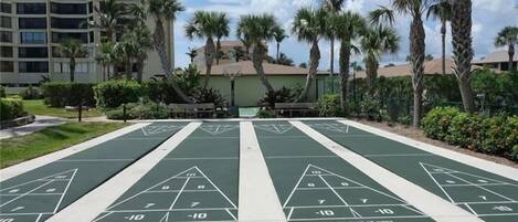 A shuffleboard court with green and white markings, surrounded by palm trees and a building in the background.