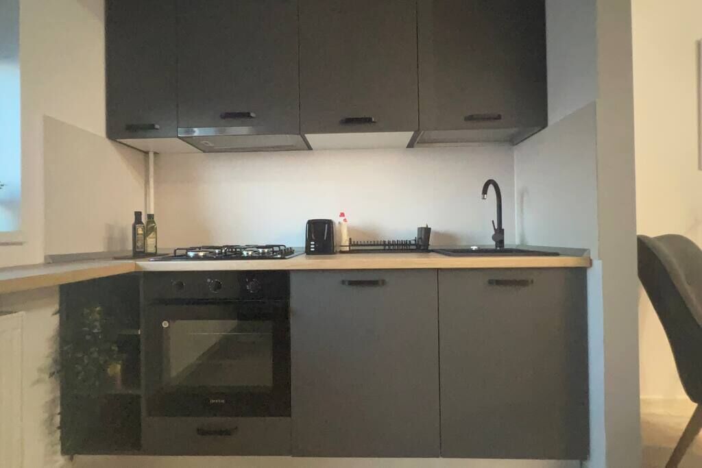 Une cuisine compacte équipée d’un four encastré, d’une cuisinière à gaz et d’un évier.
