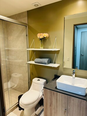 Hair dryer, towels, soap, shampoo