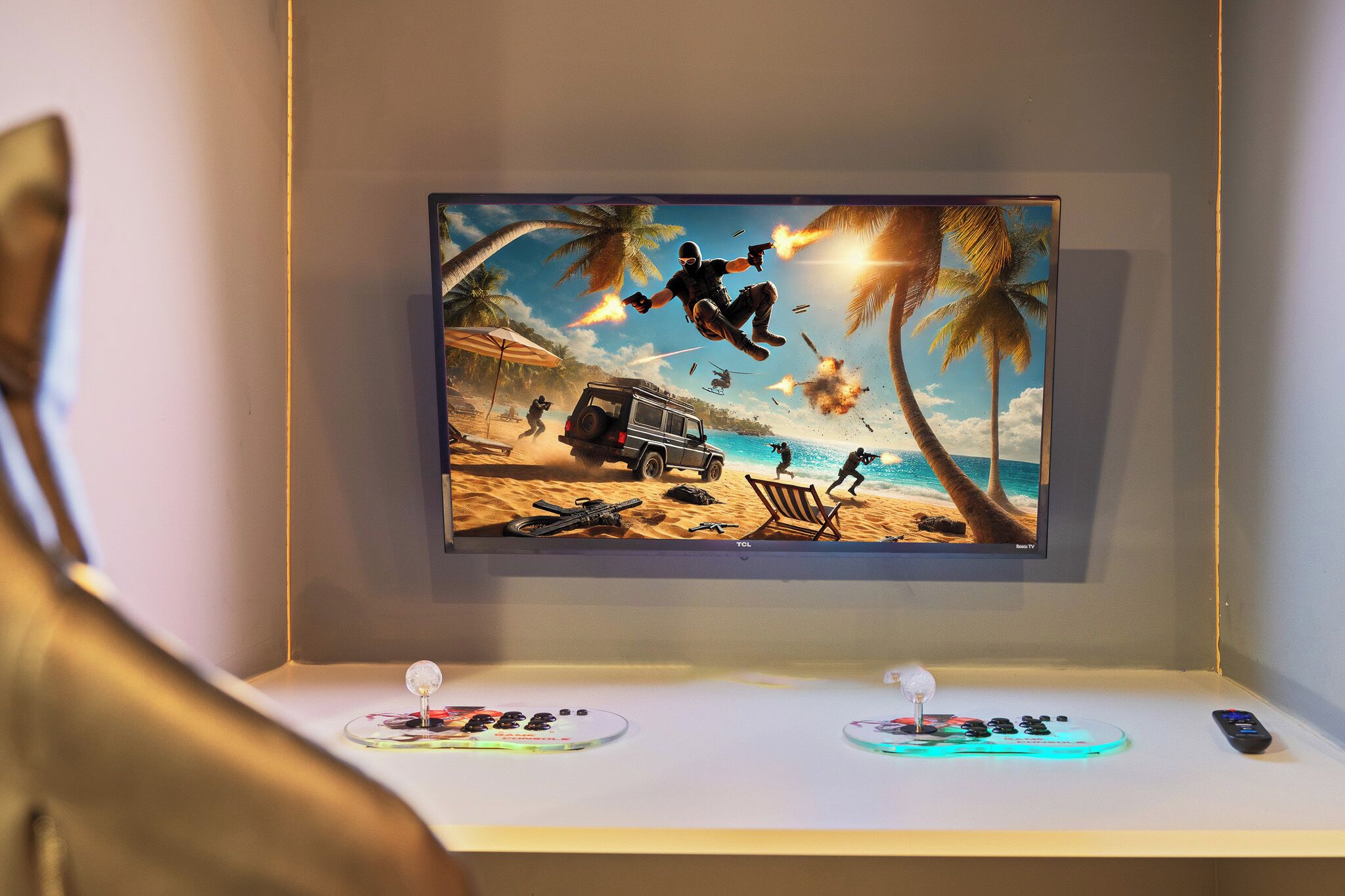 Ein an der Wand montierter Fernseher zeigt eine Strandansicht mit Palmen, einem Jeep und einer springenden Person.