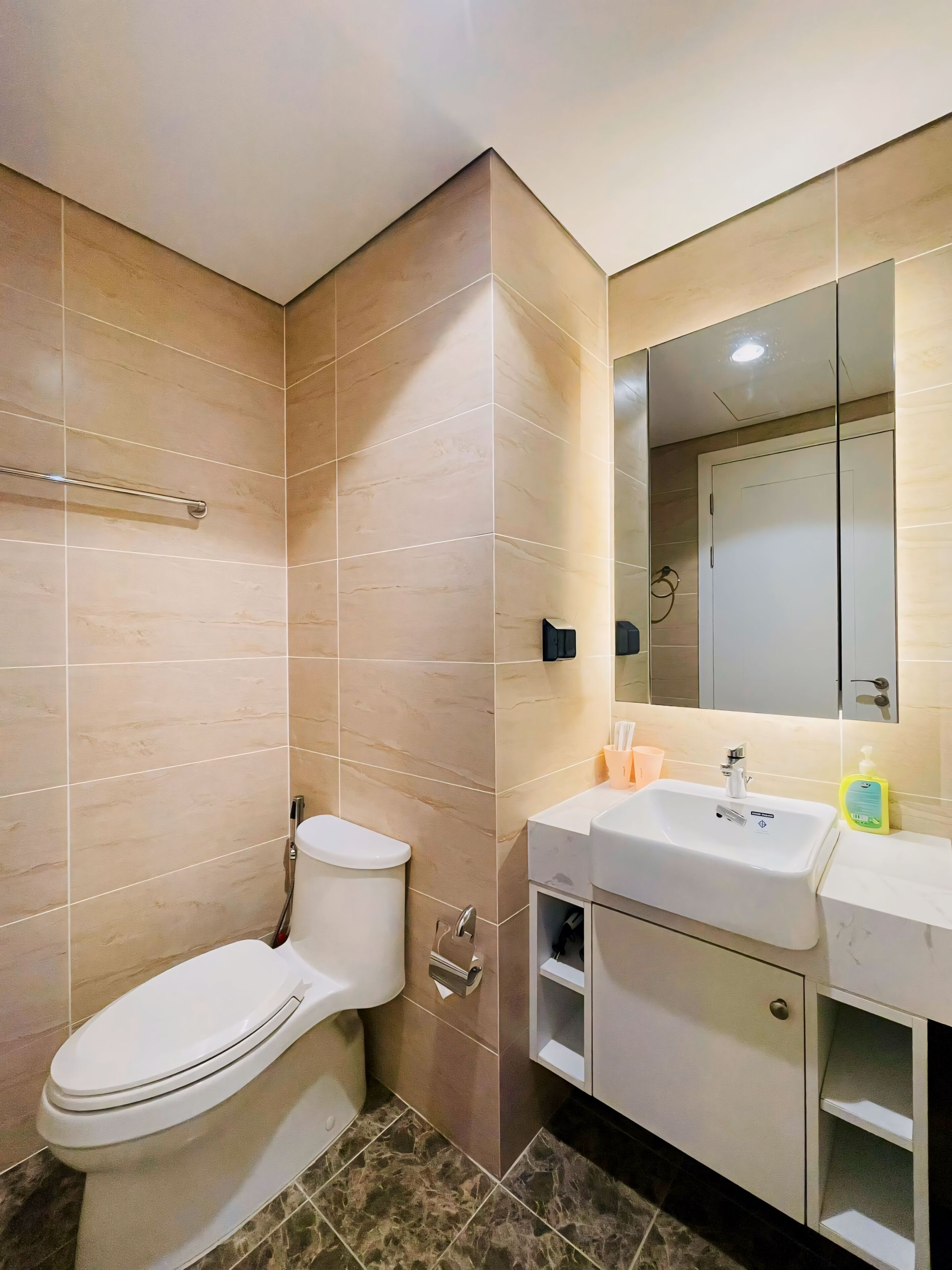 A bathroom with a toilet, sink, and mirror.