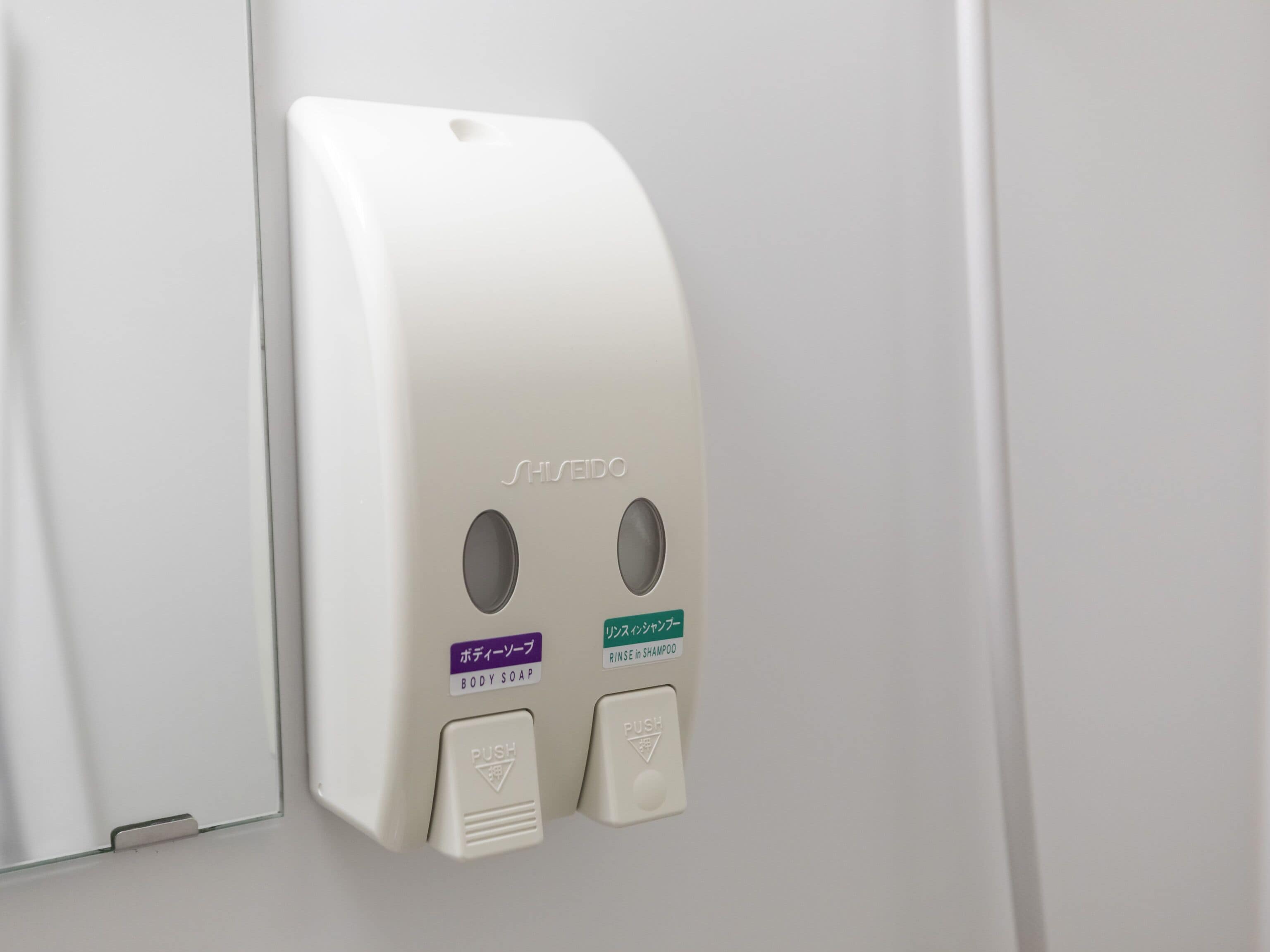 A wall-mounted dispenser with two buttons labeled "BODY SOAP" and "RINSE IN SHAMPOO".