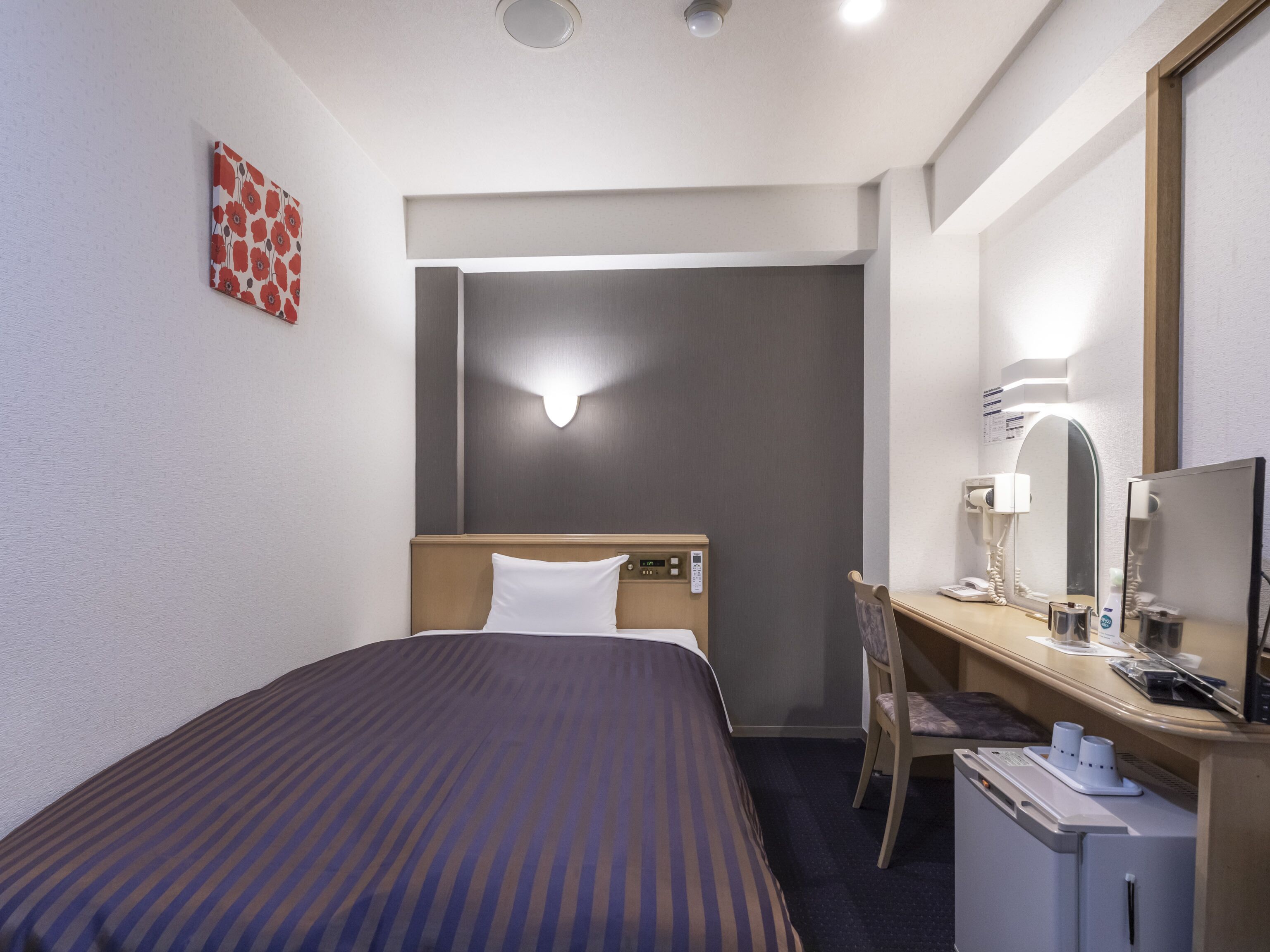 A hotel room with a bed, a desk with a chair, a mirror, a telephone, and a small cabinet.