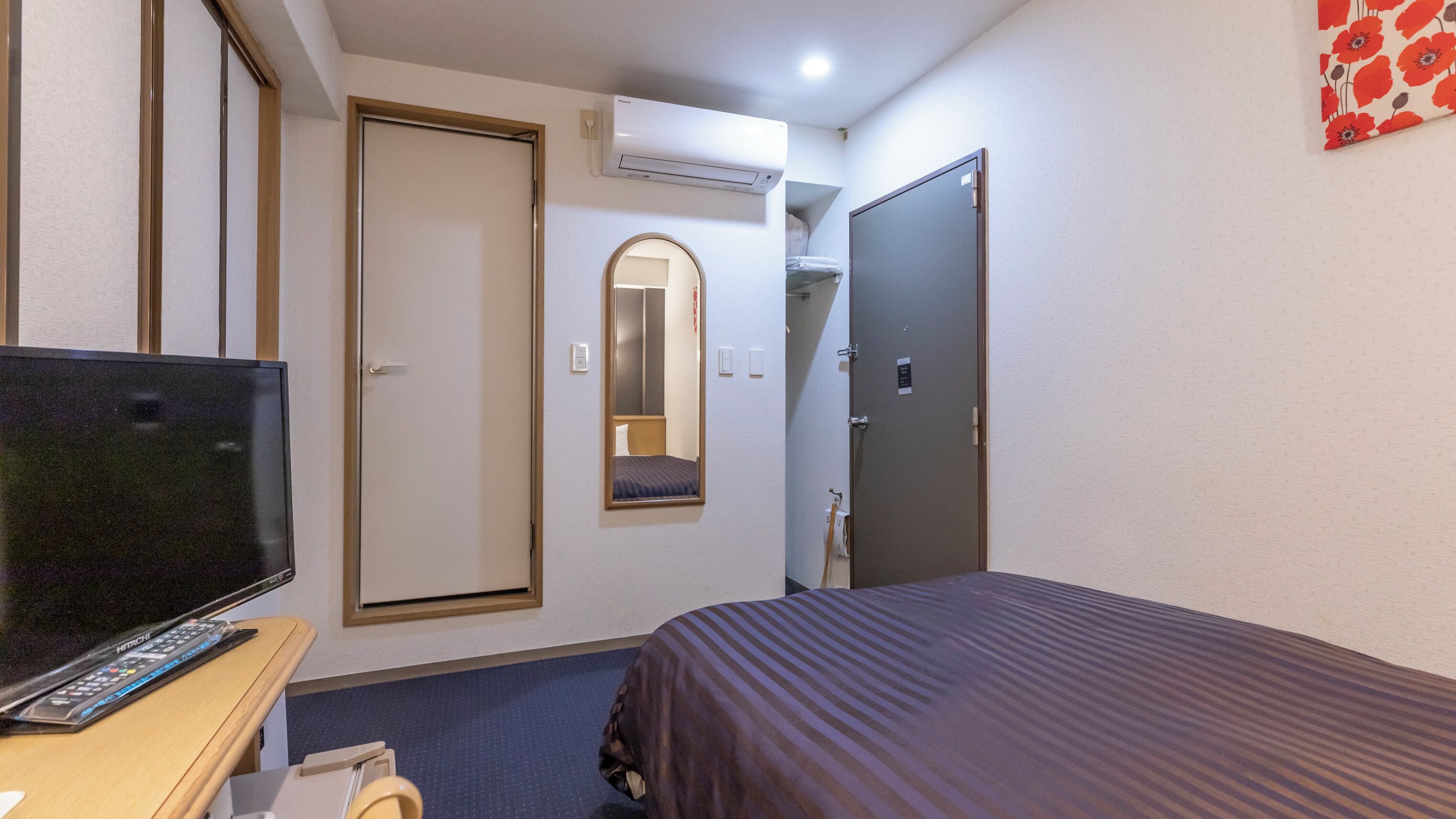 A hotel room with a bed, a TV, a mirror, an air conditioning unit, and a door.