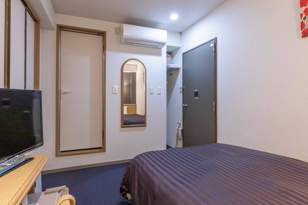 A hotel room with a bed, a TV, a mirror, an air conditioning unit, and a door.