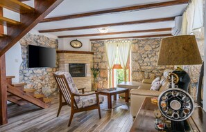 TV, lareira, mesa de pingue-pongue