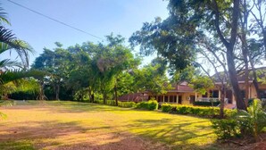 Una casa con un portico, circondata da alberi e un giardino.