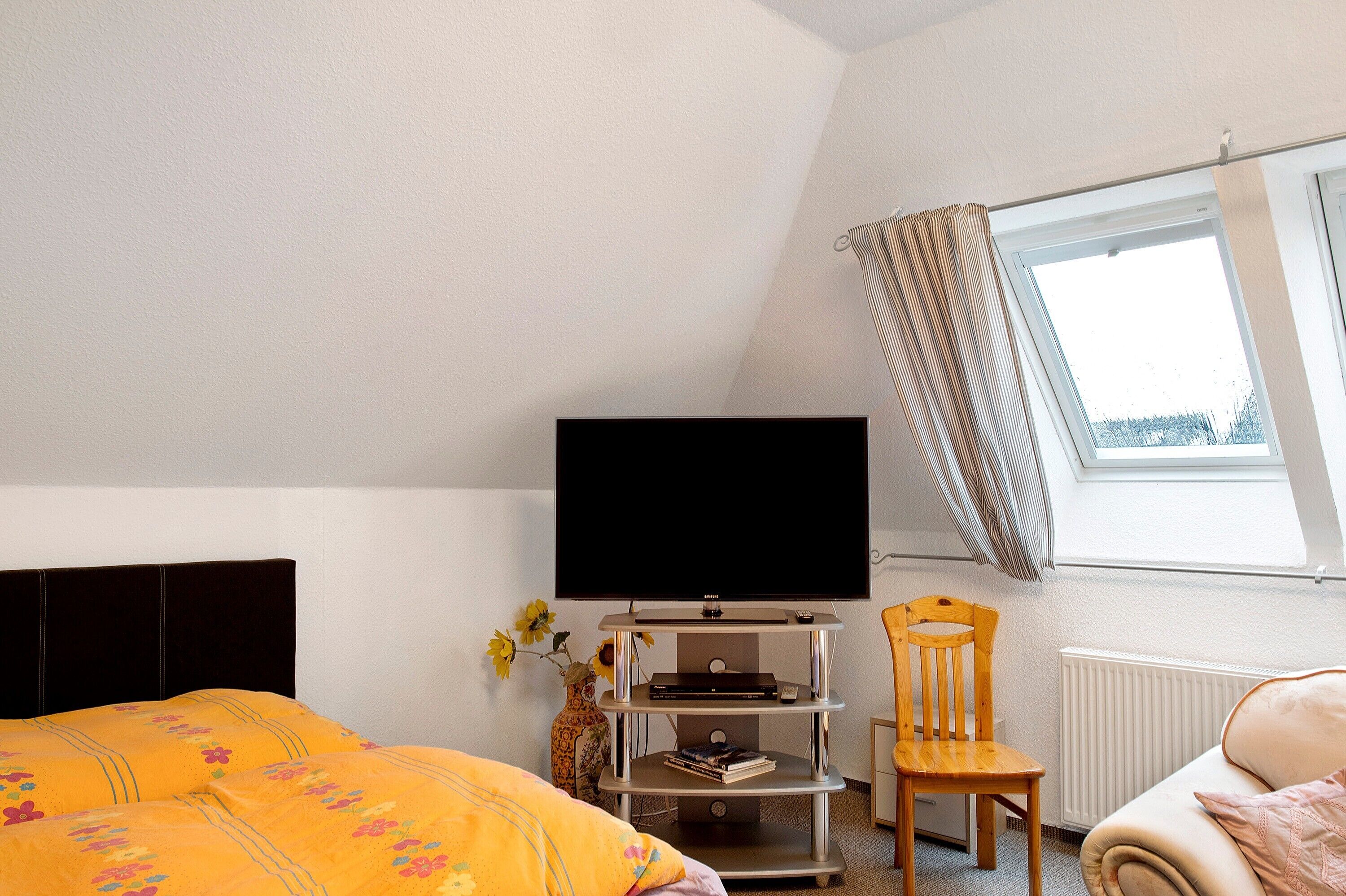 Une chambre à coucher avec un lit, un téléviseur posé sur un meuble, une chaise, un radiateur et une fenêtre avec des rideaux.