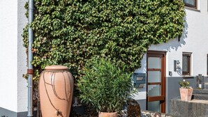 A building with a white exterior, a large potted plant, a smaller potted plant, and a wall covered in ivy. - Holiday Apartment "Kirchheim" with Private Terrace, Private Garden and Wi-Fi (Kirchheim)