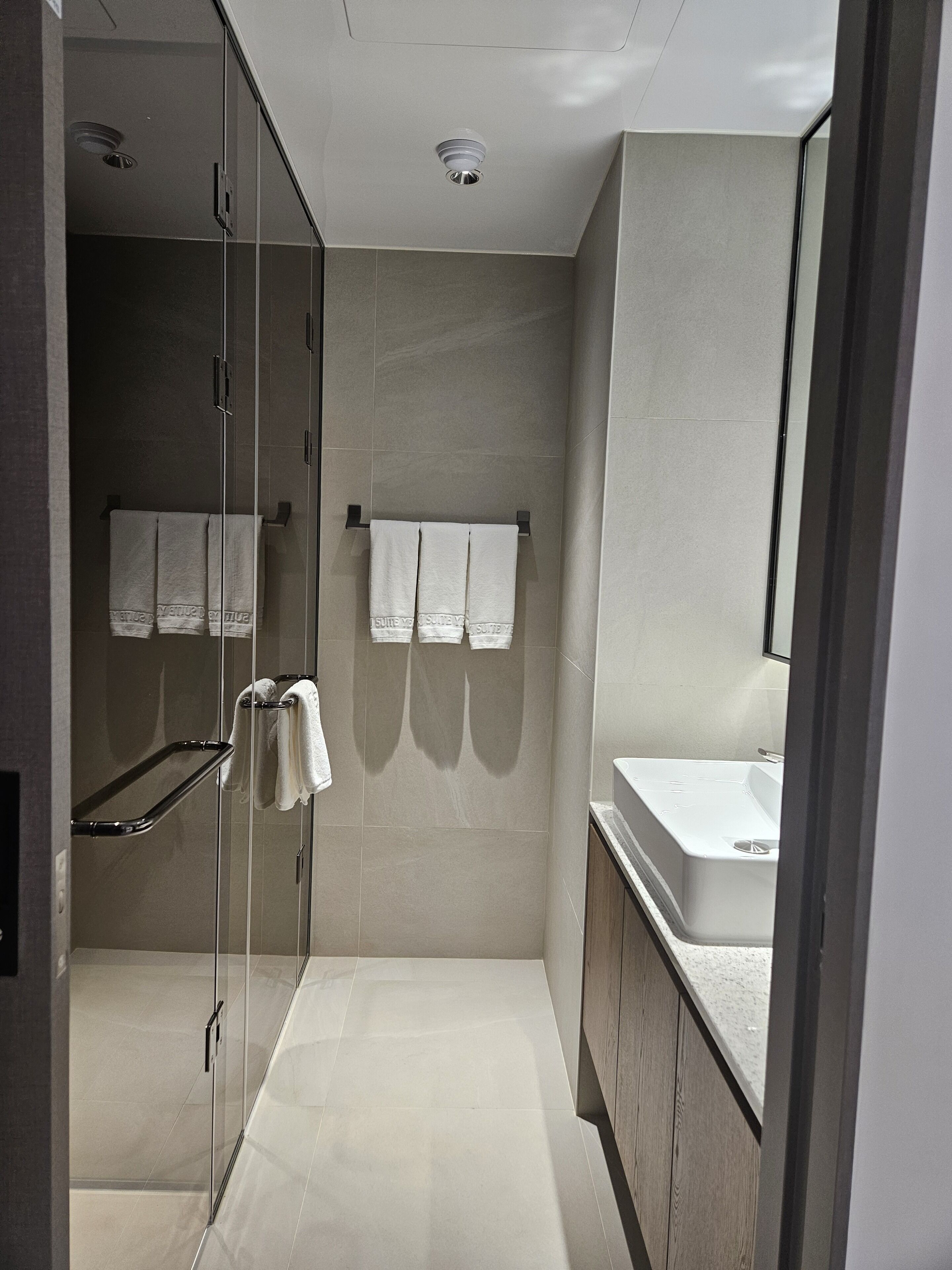 A modern bathroom with a glass shower enclosure, a large mirror, and a built-in sink.