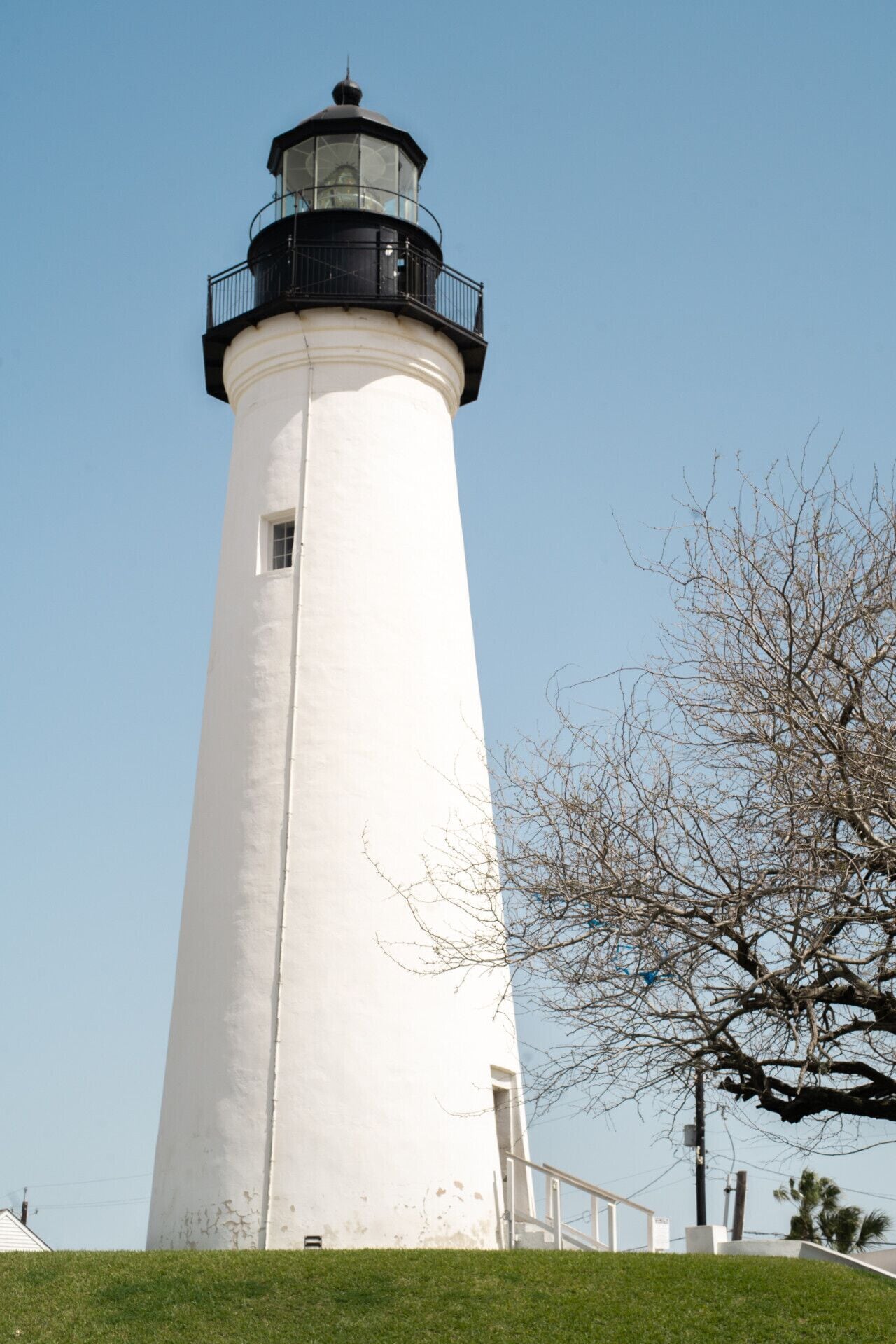 Un grand phare blanc, surmonté d’une partie noire et doté d’un balcon, entouré d’une zone herbeuse et d’un arbre sans feuilles.